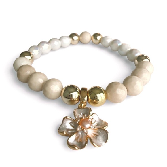 The Quarry Shop Jewelry - Elegant Gold and Cream Beaded Bracelet with Floral Charm